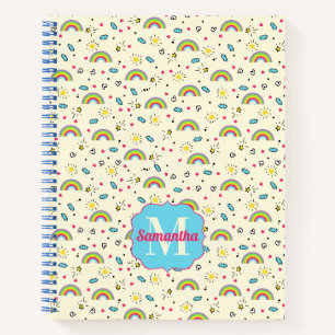 Mini Rainbow Toss on Yellow Retro Pattern Monogram Notebook