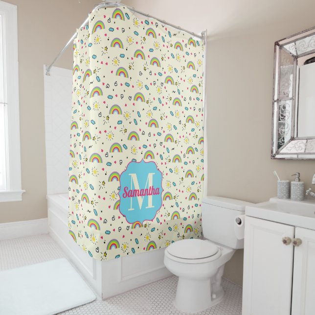 Mini Rainbow Toss on Yellow Retro Pattern Monogram Shower Curtain (In Situ)