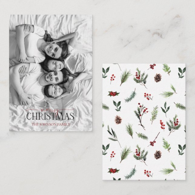 Mini Red Berry Black & White Photo Merry Christmas Card (Front/Back)