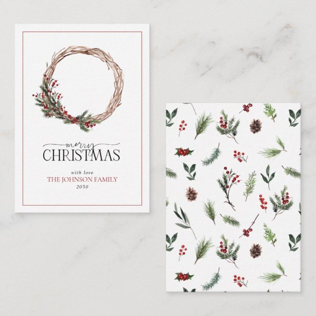 Mini Red Berry Winter Wreath Merry Christmas Card (Front/Back)