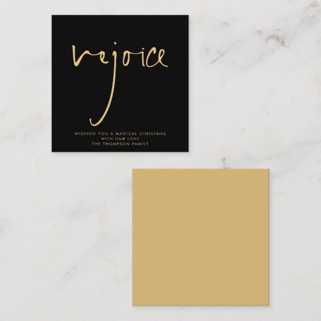 MINI | Rejoice Elegant Script Gold Black Holiday Card (Front/Back)
