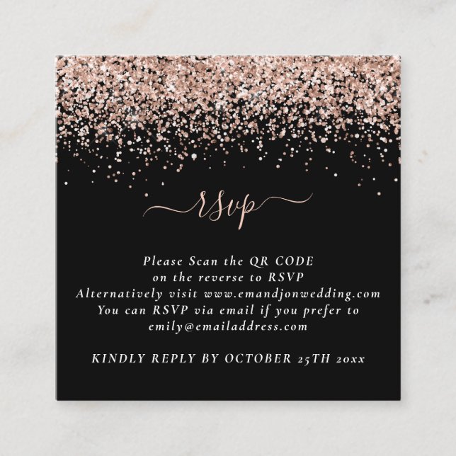 Mini Rose Gold Glitter QR Code Black Wedding RSVP Enclosure Card (Front)