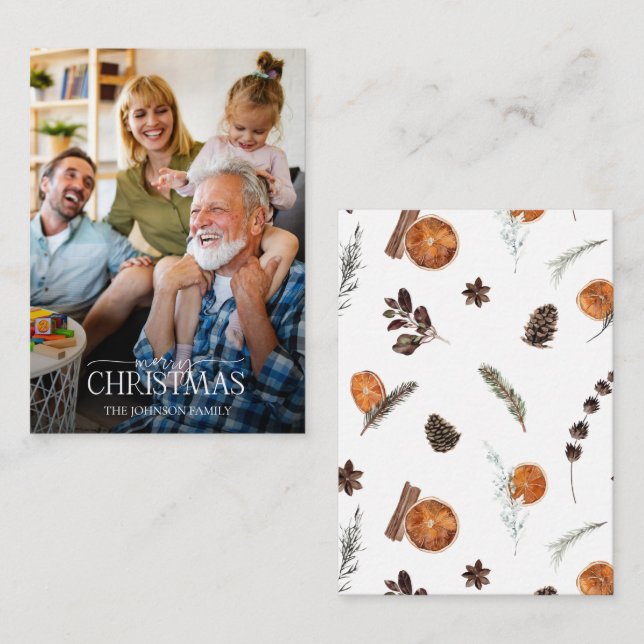 Mini Rustic Orange Merry Christmas Script Photo Card (Front/Back)