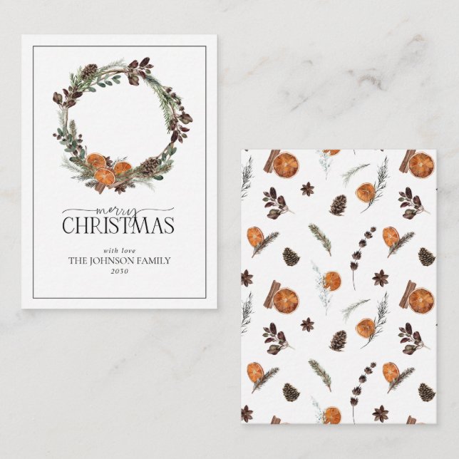 Mini Rustic Orange Wreath Merry Christmas Script Card (Front/Back)