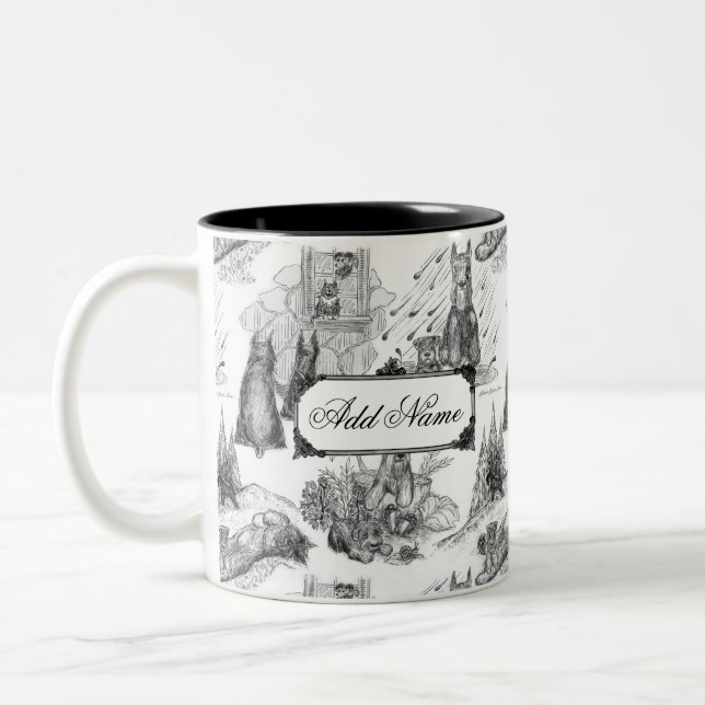 MINI SCHNAUZER Terrier Black Toile w/Custom Name Two-Tone Coffee Mug (Left)