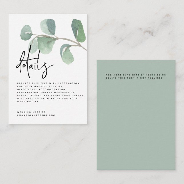 MINI Script Green Eucalyptus Wedding Details Enclosure Card (Front/Back)