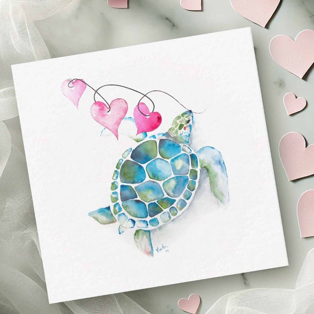 Mini Sea Turtle Valentines Day Cards (Beach Valentines cards with watercolor sea turtle and hearts)