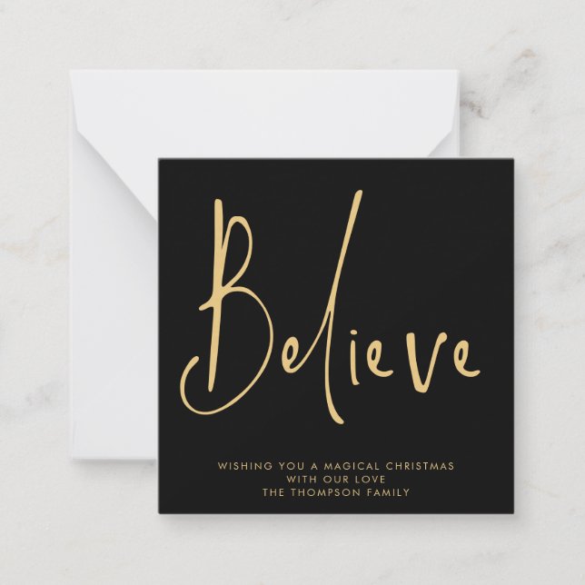 MINI | Simple Script Believe Gold Black Holiday Card (Front)