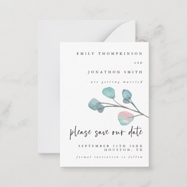 MINI SIZE Pastel Eucalyptus Wedding Save The Date Card (Front)