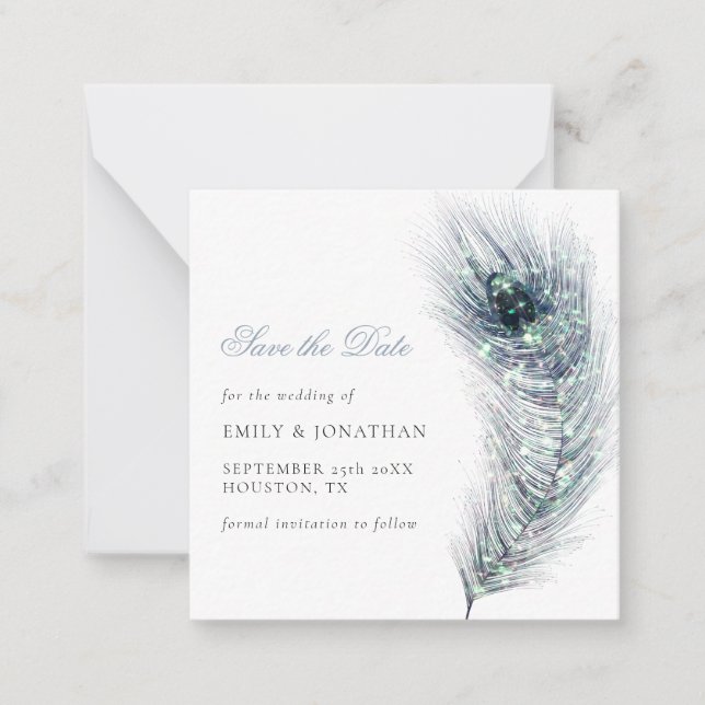 MINI SIZE | Peacock Feather Wedding Save The Date Card (Front)