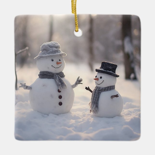 Mini Snowmen on a Bright Day Ceramic Ornament (Front)