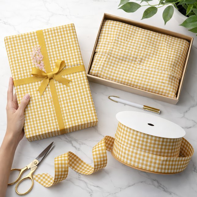 Mini Spicy Mustard Yellow Gingham Check Pattern Satin Ribbon (Mini Spicy Mustard Yellow Gingham Check Pattern)