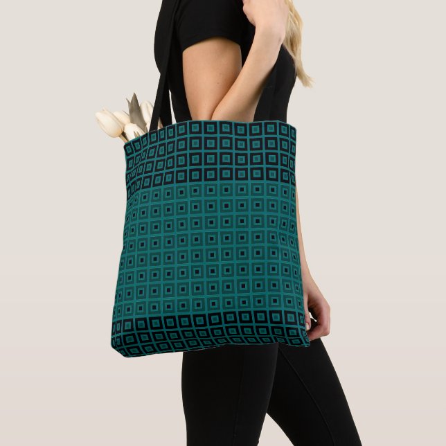 Mini Squares In Squares Black Dusty Jade Green Tote Bag (Close Up)