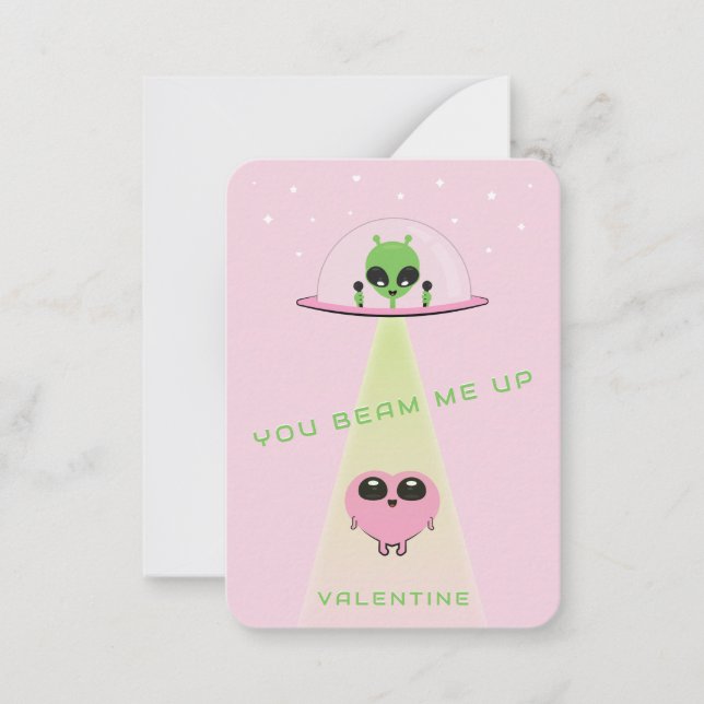 Mini UFO Alien Heart Abduction Kids Valentine Card (Front)