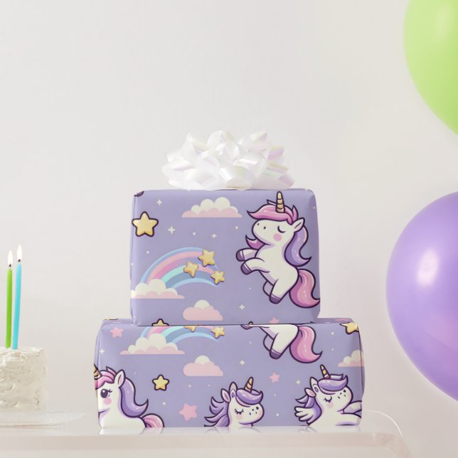 Mini Unicorns and Shooting Stars On Lavender Wrapping Paper (Party Gifts)