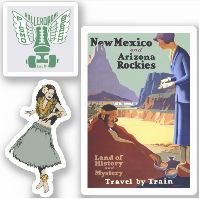 Mini vintage travel luggage label stickers (Front)