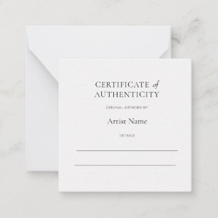 Mini White Certificate of Authenticity for Art  Card
