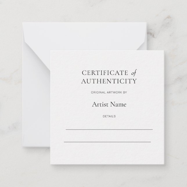 Mini White Certificate of Authenticity for Art  Card (Front)