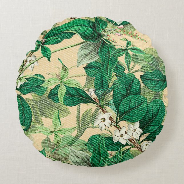Mini white flowers with leaves pattern round cushion (Front)