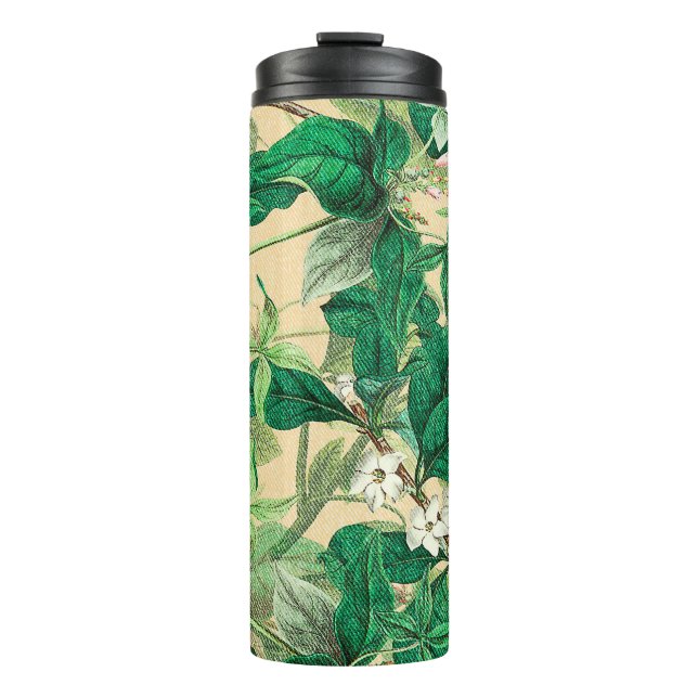 Mini white flowers with leaves pattern thermal tumbler (Front)