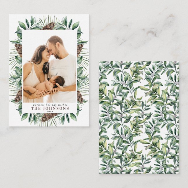 Mini Winter Pine Cone Berry Photo Christmas Script Card (Front/Back)