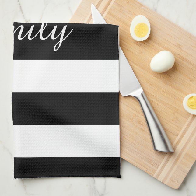 Minialist Black & White Stripes Pattern Name Print Tea Towel (Quarter Fold)