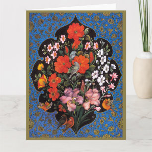 Miniatura del arte persa con escudo de flores y av card