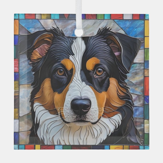 Miniature American Shepherd Dog "Stained Glass" Glass Tree Decoration (Front)