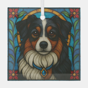 Miniature American Shepherd Dog "Stained Glass"  Glass Tree Decoration