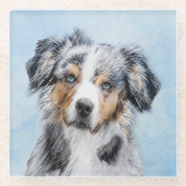 Miniature American Shepherd Painting - Dog Art Glass Coaster (Front)