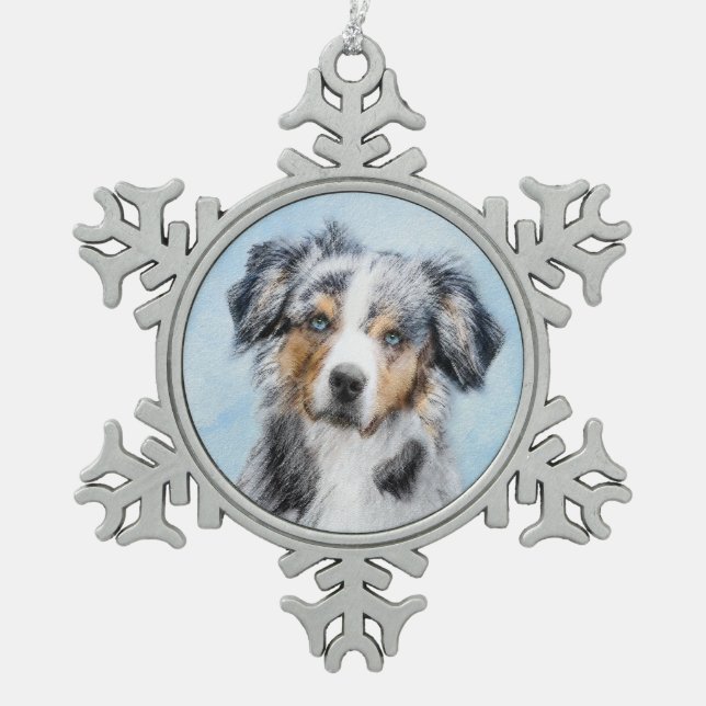 Miniature American Shepherd Painting - Dog Art Snowflake Pewter Christmas Ornament (Front)