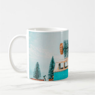 Miniature antique car carrying christmas tree on r coffee mug