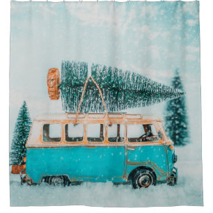 Miniature antique car carrying christmas tree on r shower curtain