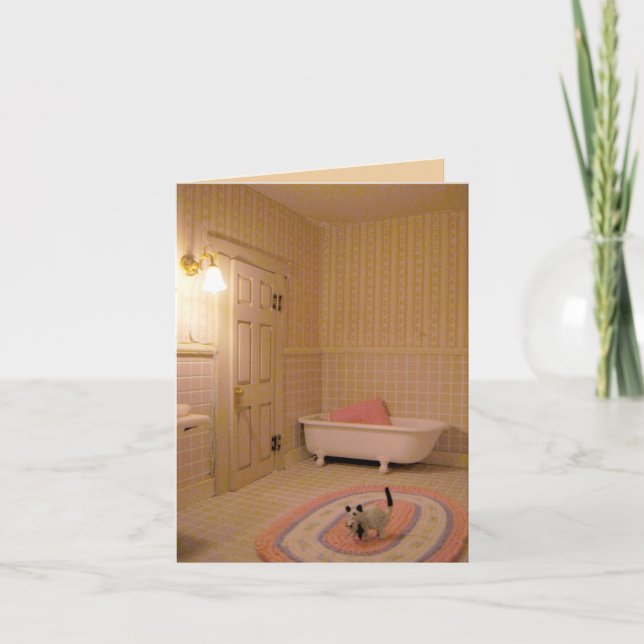 Miniature Bathroom with Cats Note Card, Custom Card (Front)
