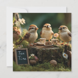 Miniature Bird Figurines Having a Forest Tea Party Holiday Card