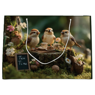 Miniature Bird Figurines Having a Forest Tea Party Large Gift Bag