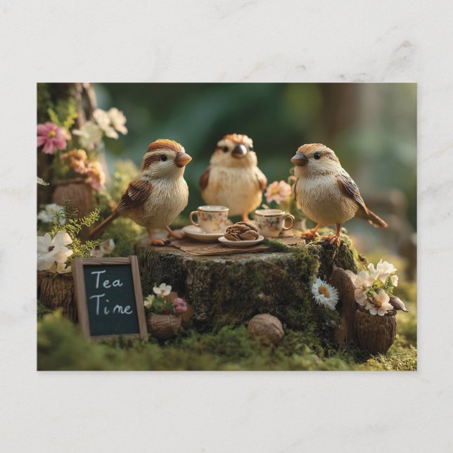 Miniature Bird Figurines Having a Forest Tea Party Postcard (Front)