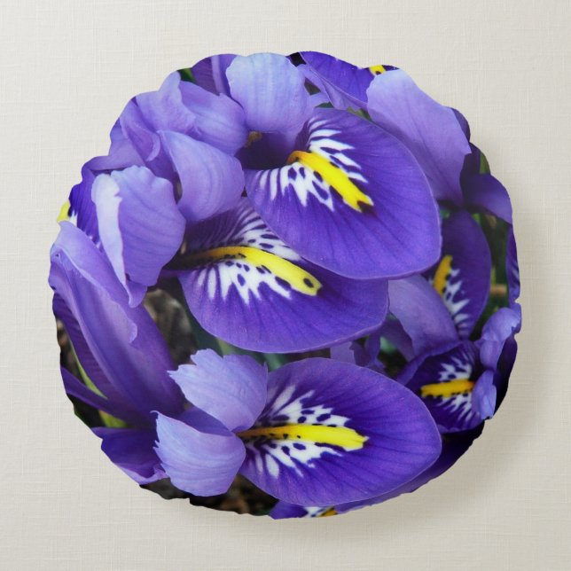 Miniature Blue Irises Spring Floral Round Cushion (Front)