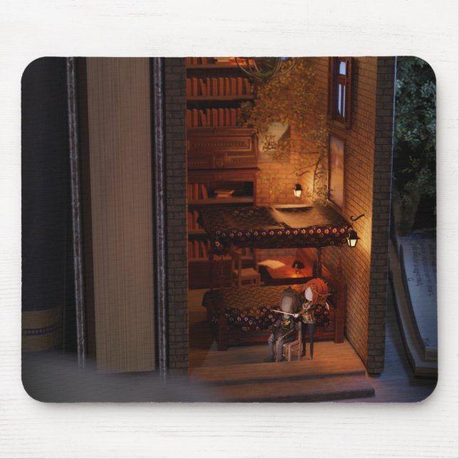 Miniature book nook diorama - enemies to lovers mouse mat (Front)