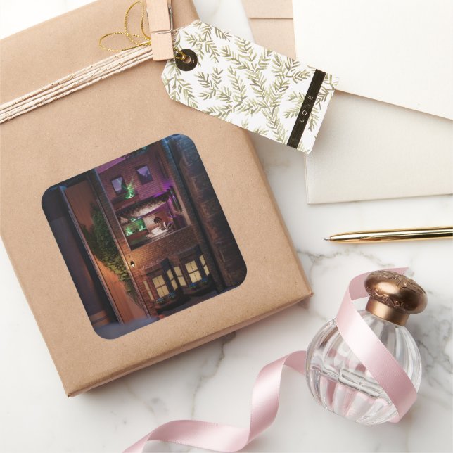 Miniature book nook diorama - reading upstairs square sticker (Gifting)