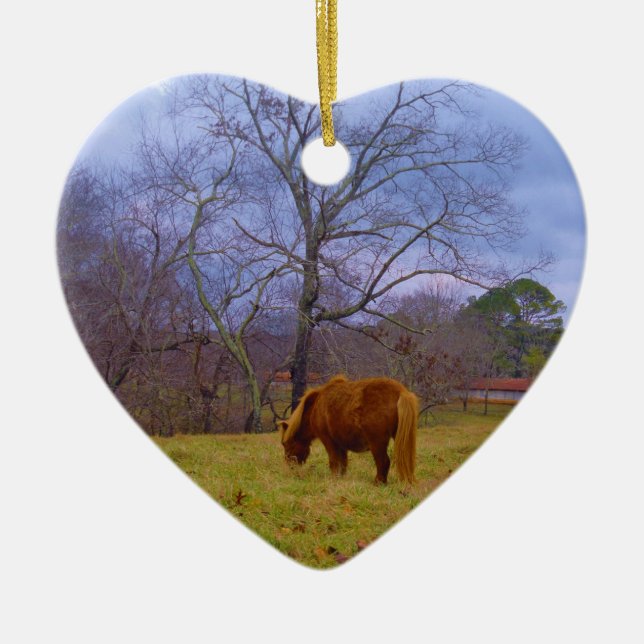 Miniature brown horse blustery sky ceramic tree decoration (Front)