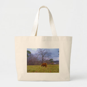 Miniature brown horse blustery sky large tote bag