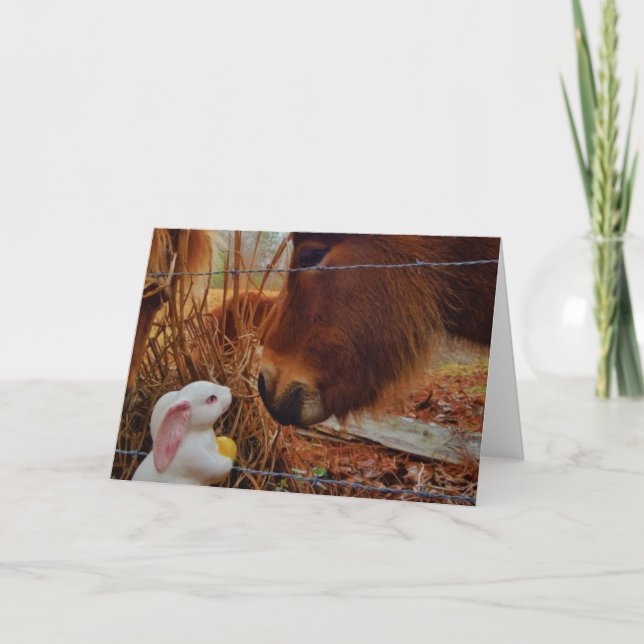 Miniature Brown horse & Easter Bunny Holiday Card (Front)