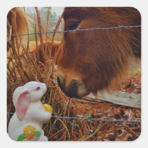 Miniature Brown horse & Easter Bunny Square Sticker