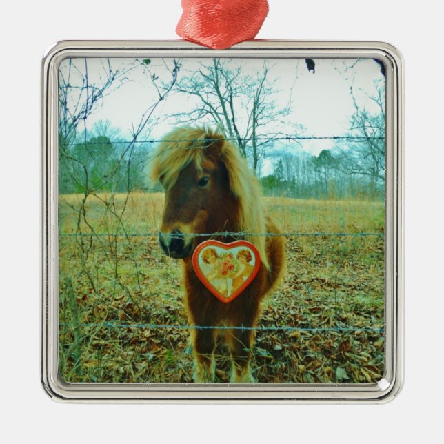 Miniature Brown horse Valentine Heart Metal Tree Decoration (Front)