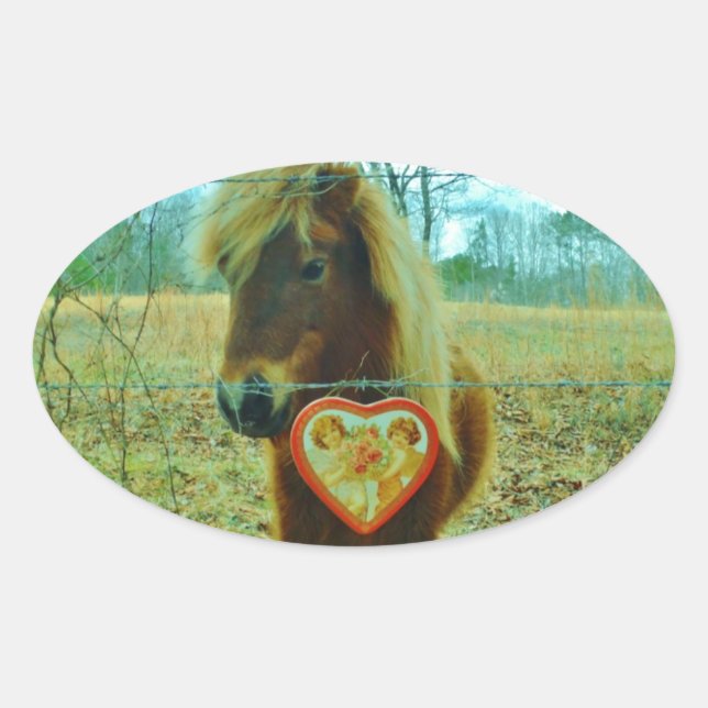 Miniature Brown horse Valentine Heart Oval Sticker (Front)
