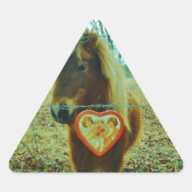 Miniature Brown horse Valentine Heart Triangle Sticker (Front)