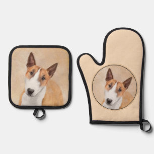 Miniature Bull Terrier Painting Original Dog Art Oven Mitt & Pot Holder Set