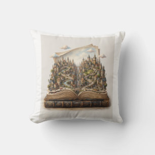 Miniature City Inside an Open Book – Fantasy Book Cushion