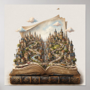 Miniature City Inside an Open Book – Surreal Fanta Poster